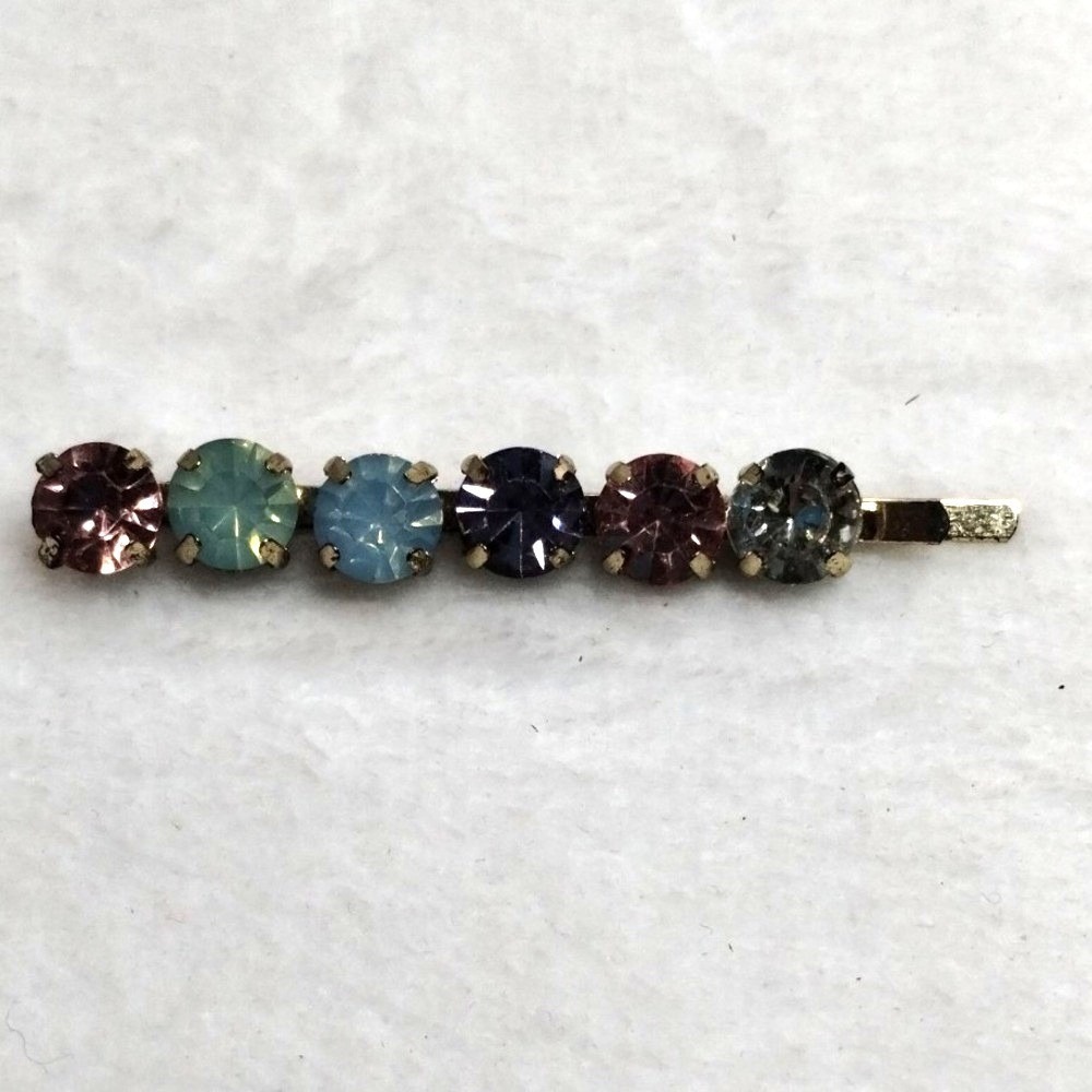 Multicolor Rhinestone Gold Tone Bobby Pin Hair Slide‎ Crystal Accent Clip 2.25"